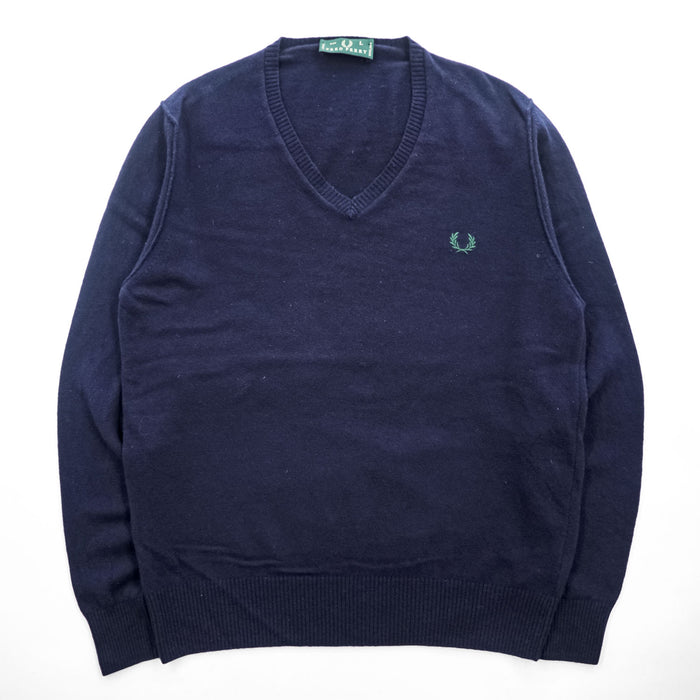 FRED PERRY イタリア製 90年代 ヴィンテージ Vネック ニット セーター L ネイビー ワンポイントロゴ