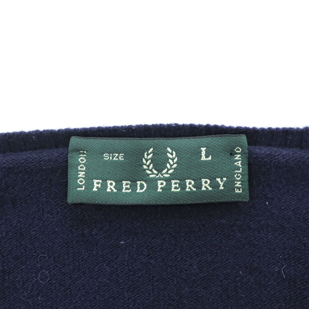 FRED PERRY イタリア製 90年代 ヴィンテージ Vネック ニット セーター L ネイビー ワンポイントロゴ