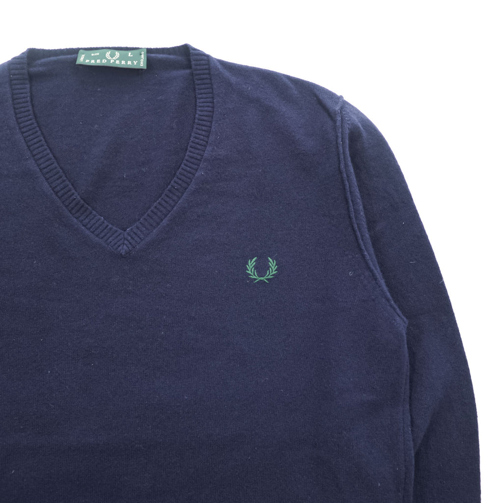 FRED PERRY イタリア製 90年代 ヴィンテージ Vネック ニット セーター L ネイビー ワンポイントロゴ