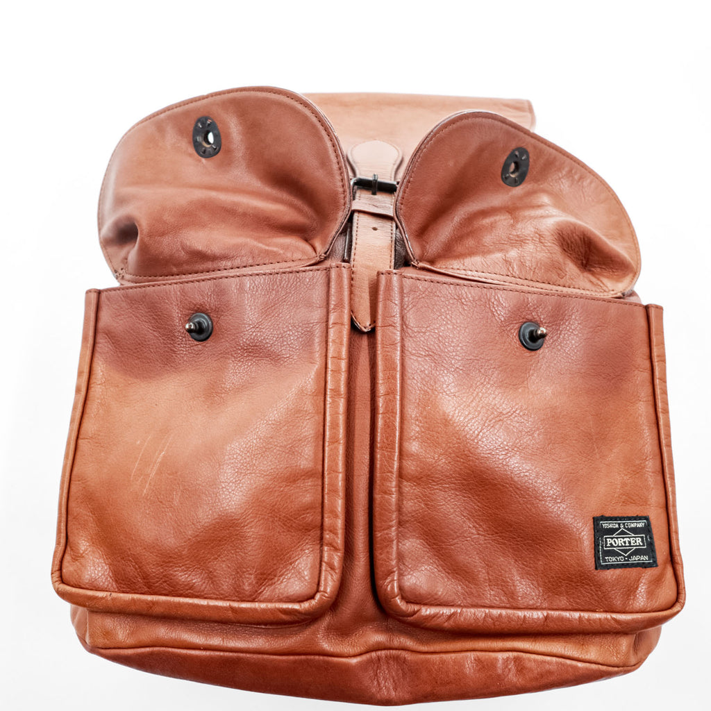 PORTER CORTINA Leather Backpack Brown Double Pocket Rucksack Made in Japan