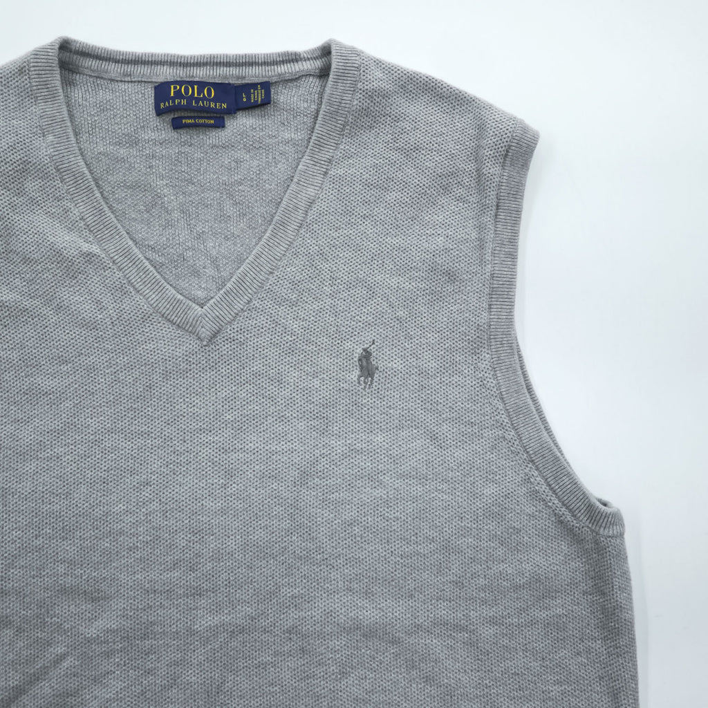 Polo Ralph Lauren ピマコットン Vネック ニットベスト L グレー スモールポニー ロゴ 刺繍 PIMA COTTON