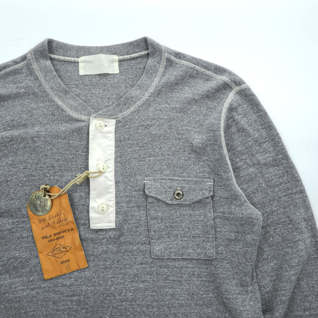 SUGAR CANE 日本製 ヘンリーネック 長袖 ロングスリーブ Tシャツ ロンT XL グレー 胸ポケット ラウンドカット SC66825 未使用品