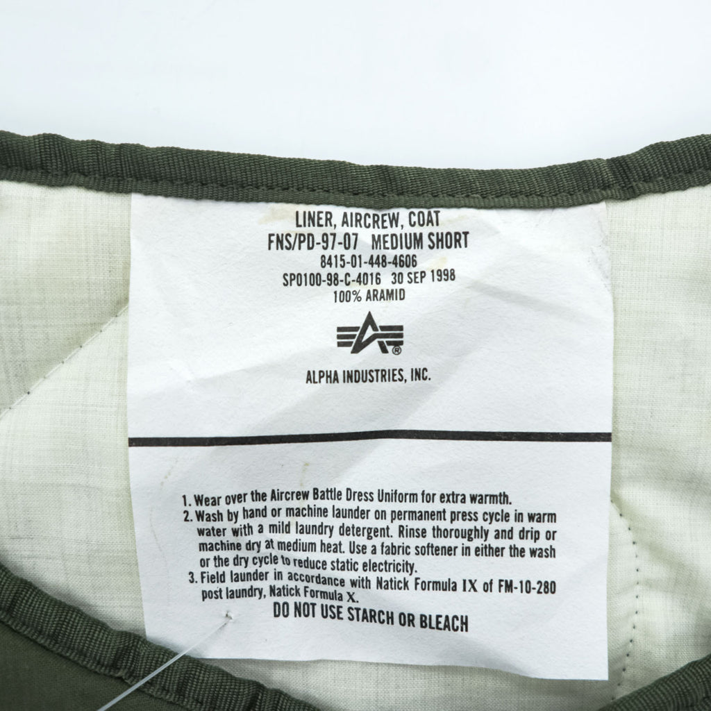 ALPHA INDUSTRIES 90年代 ヴィンテージ キルティング ライナー LINER AIRCREW COAT アラミド 98年製 8415-01-448-4606 デッドストック 未使用品