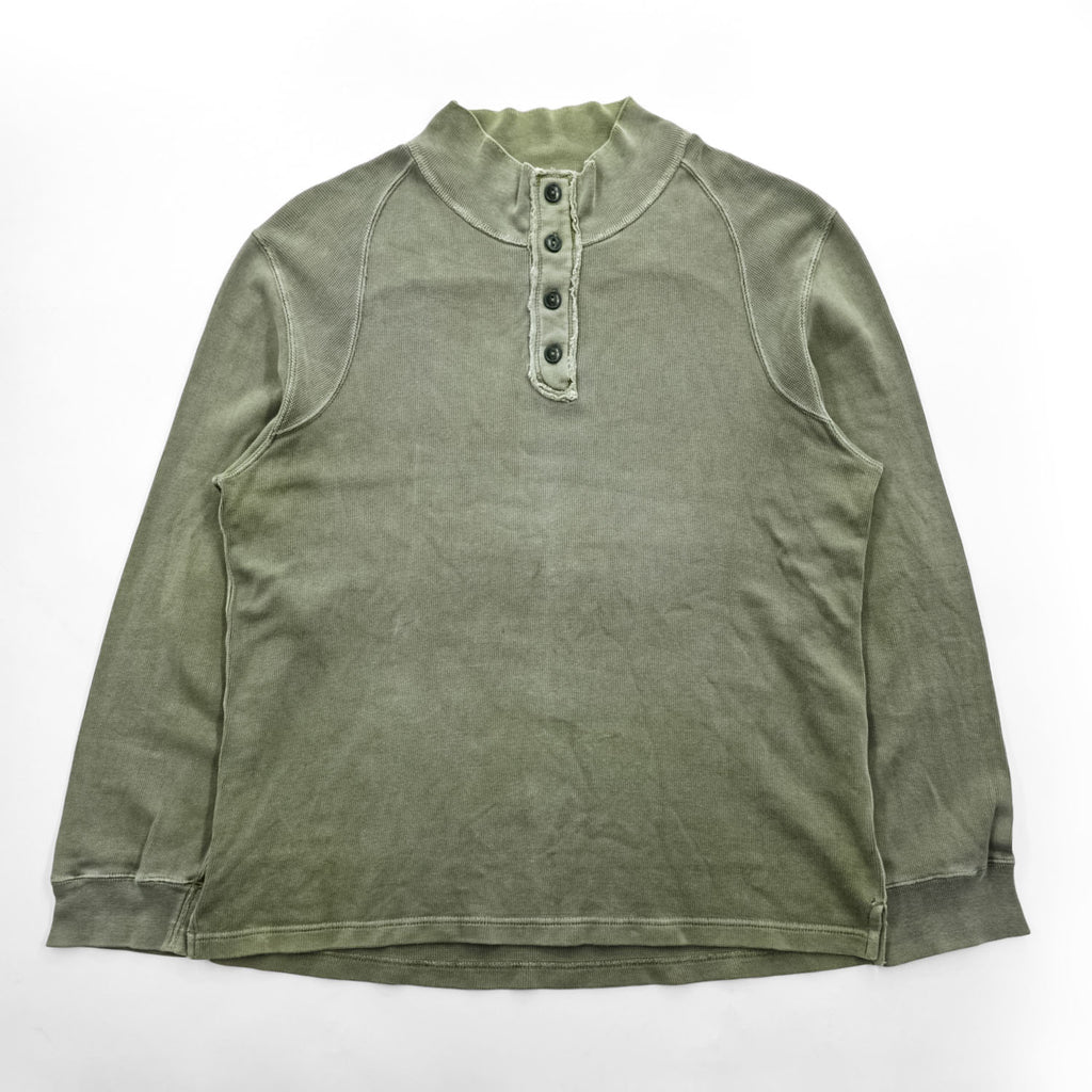 Sunny Sports ダメージ加工 ヘンリーネック サーマル 長袖 ロングスリーブ Tシャツ L カーキ UNION MADE エルボーパッチ