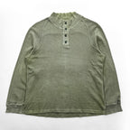 Sunny Sports ダメージ加工 ヘンリーネック サーマル 長袖 ロングスリーブ Tシャツ L カーキ UNION MADE エルボーパッチ