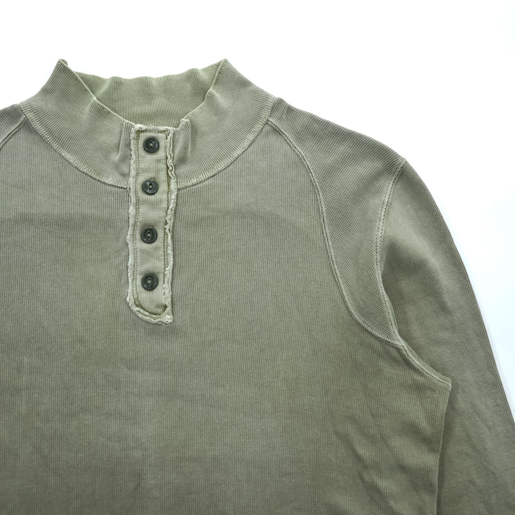 Sunny Sports ダメージ加工 ヘンリーネック サーマル 長袖 ロングスリーブ Tシャツ L カーキ UNION MADE エルボーパッチ