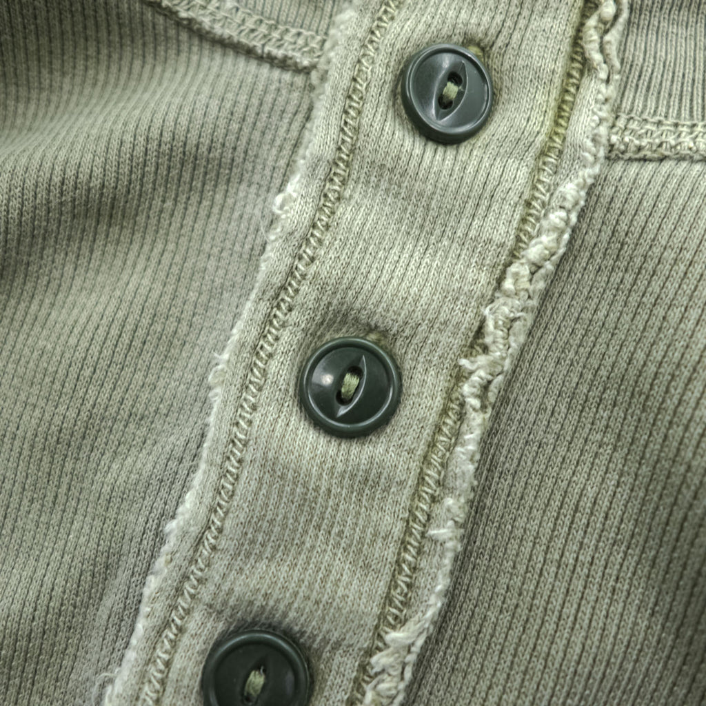 Sunny Sports ダメージ加工 ヘンリーネック サーマル 長袖 ロングスリーブ Tシャツ L カーキ UNION MADE エルボーパッチ