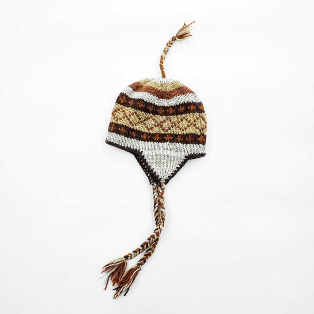 Made in Nepal Wool Earflap Knit Cap イヤーフラップ ニット帽 ノルディック柄 耳当て 三つ編み タッセル ウール100% ネパール製