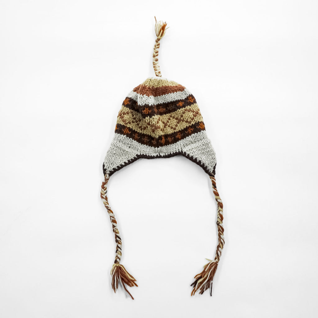Made in Nepal Wool Earflap Knit Cap イヤーフラップ ニット帽 ノルディック柄 耳当て 三つ編み タッセル ウール100% ネパール製