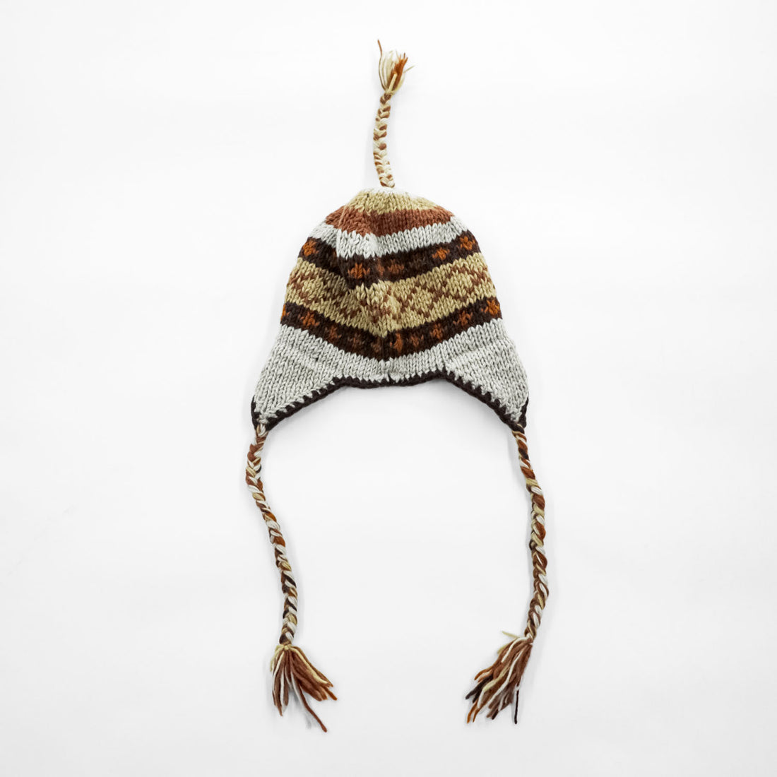 Made in Nepal Wool Earflap Knit Cap イヤーフラップ ニット帽 ノルディック柄 耳当て 三つ編み タッセル ウール100% ネパール製