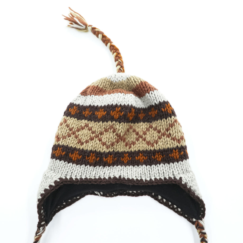 Made in Nepal Wool Earflap Knit Cap イヤーフラップ ニット帽 ノルディック柄 耳当て 三つ編み タッセル ウール100% ネパール製
