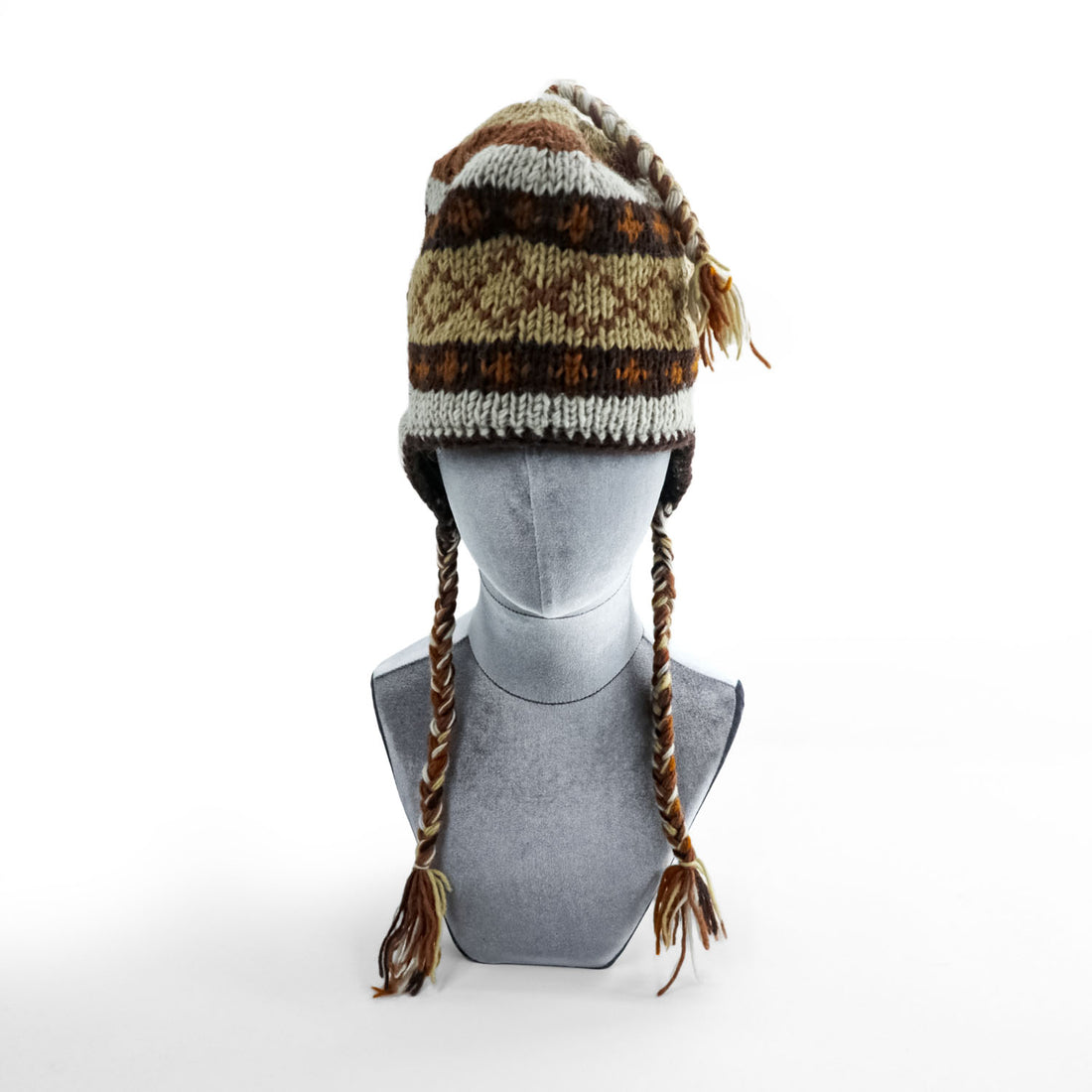 Made in Nepal Wool Earflap Knit Cap イヤーフラップ ニット帽 ノルディック柄 耳当て 三つ編み タッセル ウール100% ネパール製