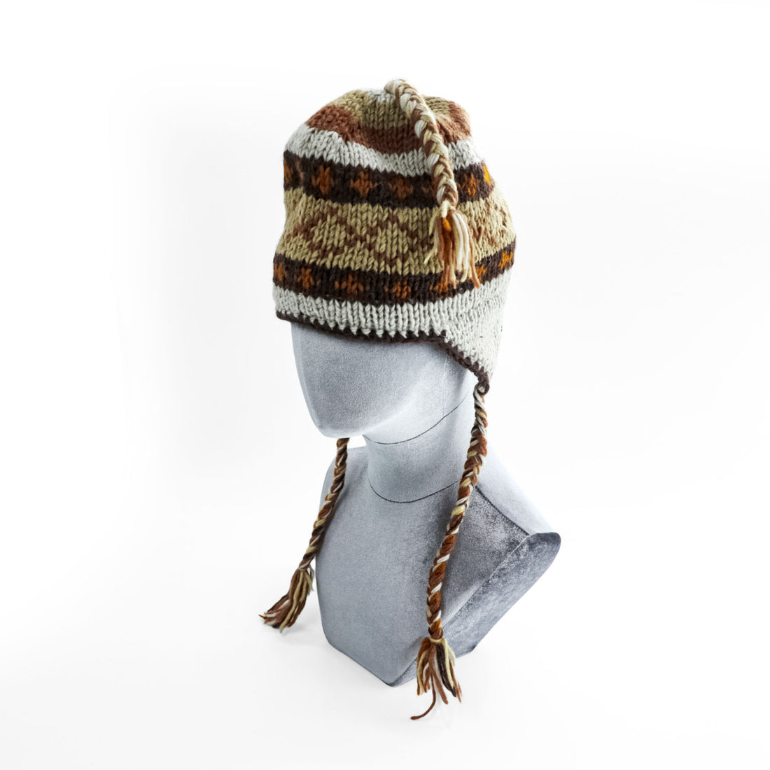 Made in Nepal Wool Earflap Knit Cap イヤーフラップ ニット帽 ノルディック柄 耳当て 三つ編み タッセル ウール100% ネパール製