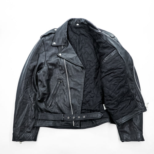 Vintage Genuine Leather Double Rider Biker Jacket Black L Belted Motorcycle