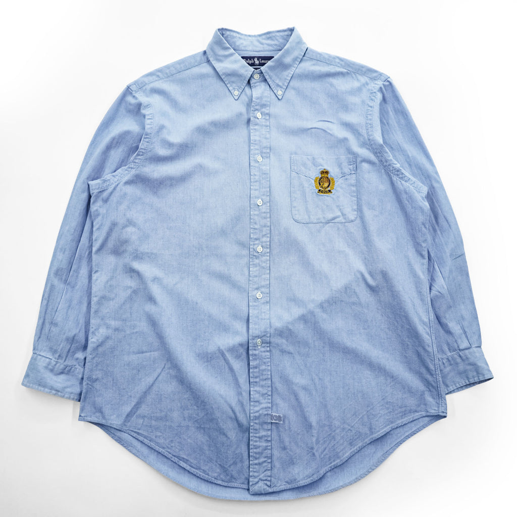 Ralph Lauren 90年代 ヴィンテージ 長袖 ボタンダウンシャツ XL ブルー 胸ポケット クレスト エンブレム 刺繍