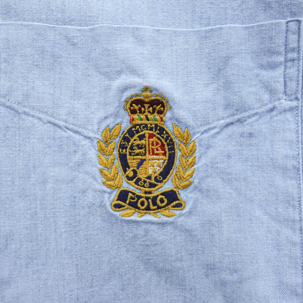 Ralph Lauren 90年代 ヴィンテージ 長袖 ボタンダウンシャツ XL ブルー 胸ポケット クレスト エンブレム 刺繍
