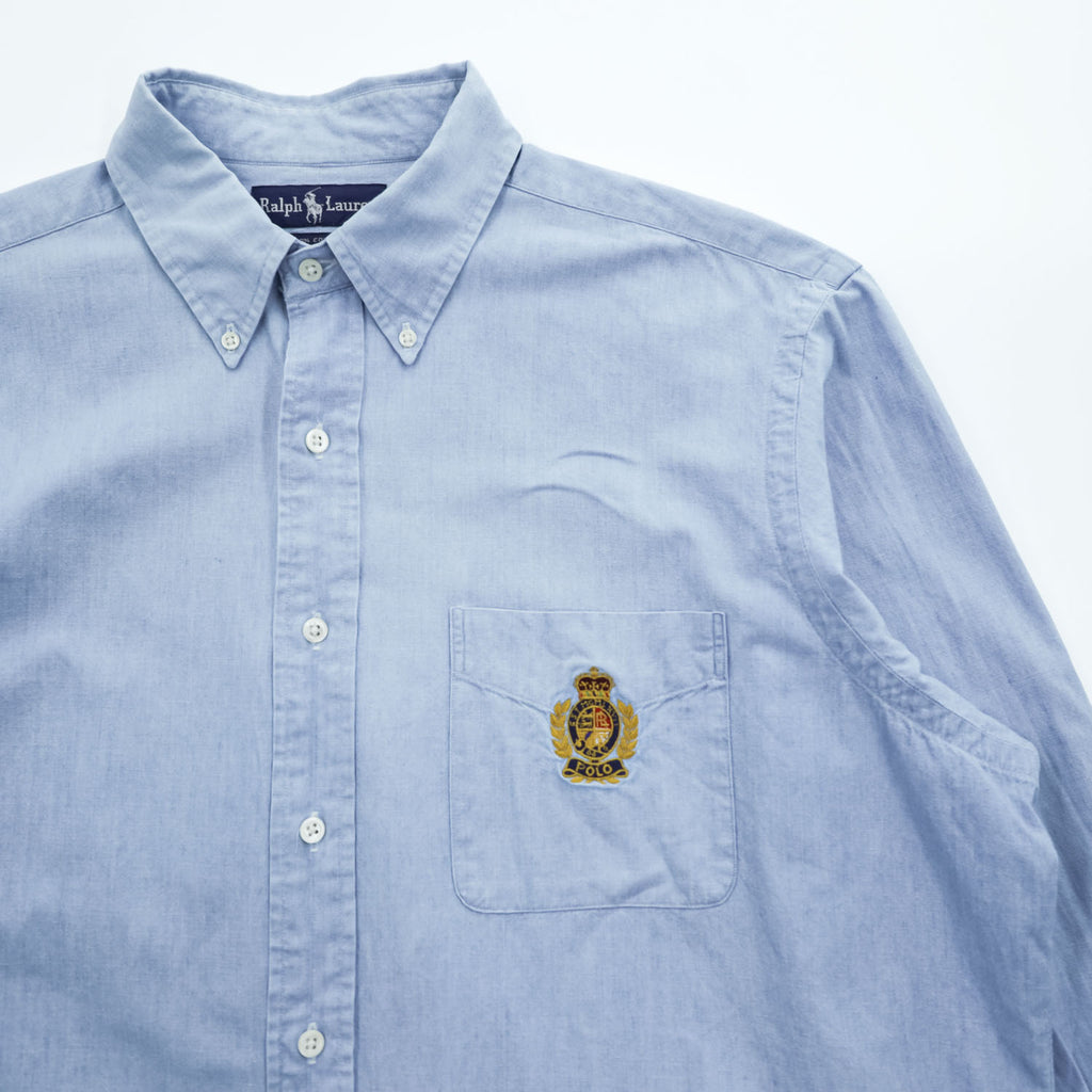 Ralph Lauren 90年代 ヴィンテージ 長袖 ボタンダウンシャツ XL ブルー 胸ポケット クレスト エンブレム 刺繍