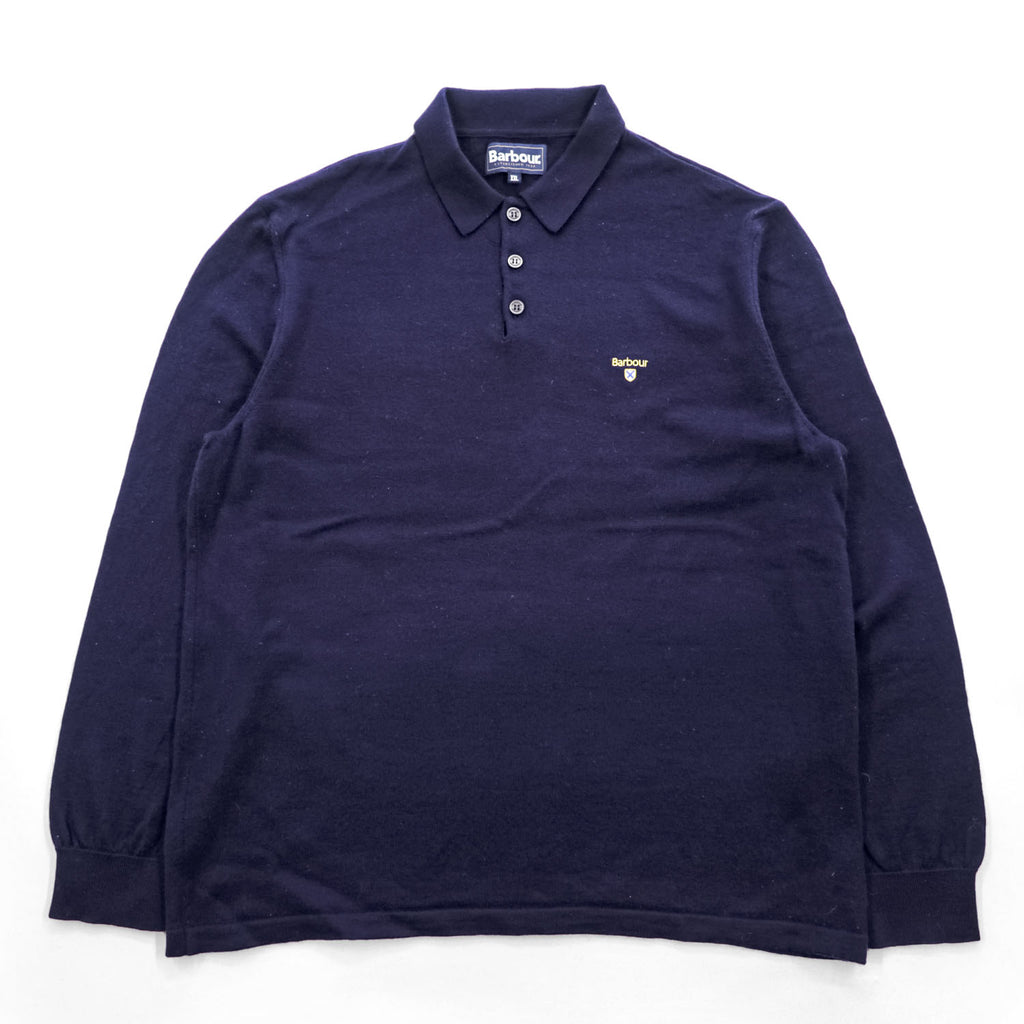 Barbour ニットポロシャツ 100%ウール XXL ネイビー ハーフボタン MKN1270NY91