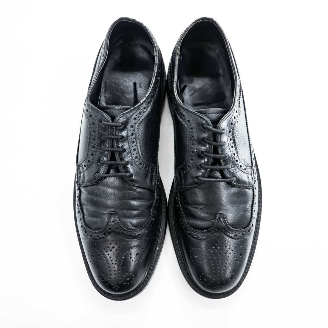 90s Vintage Black Pebbled Leather Longwing Wingtip Brogue Derby Shoes Men's US 8.5 D