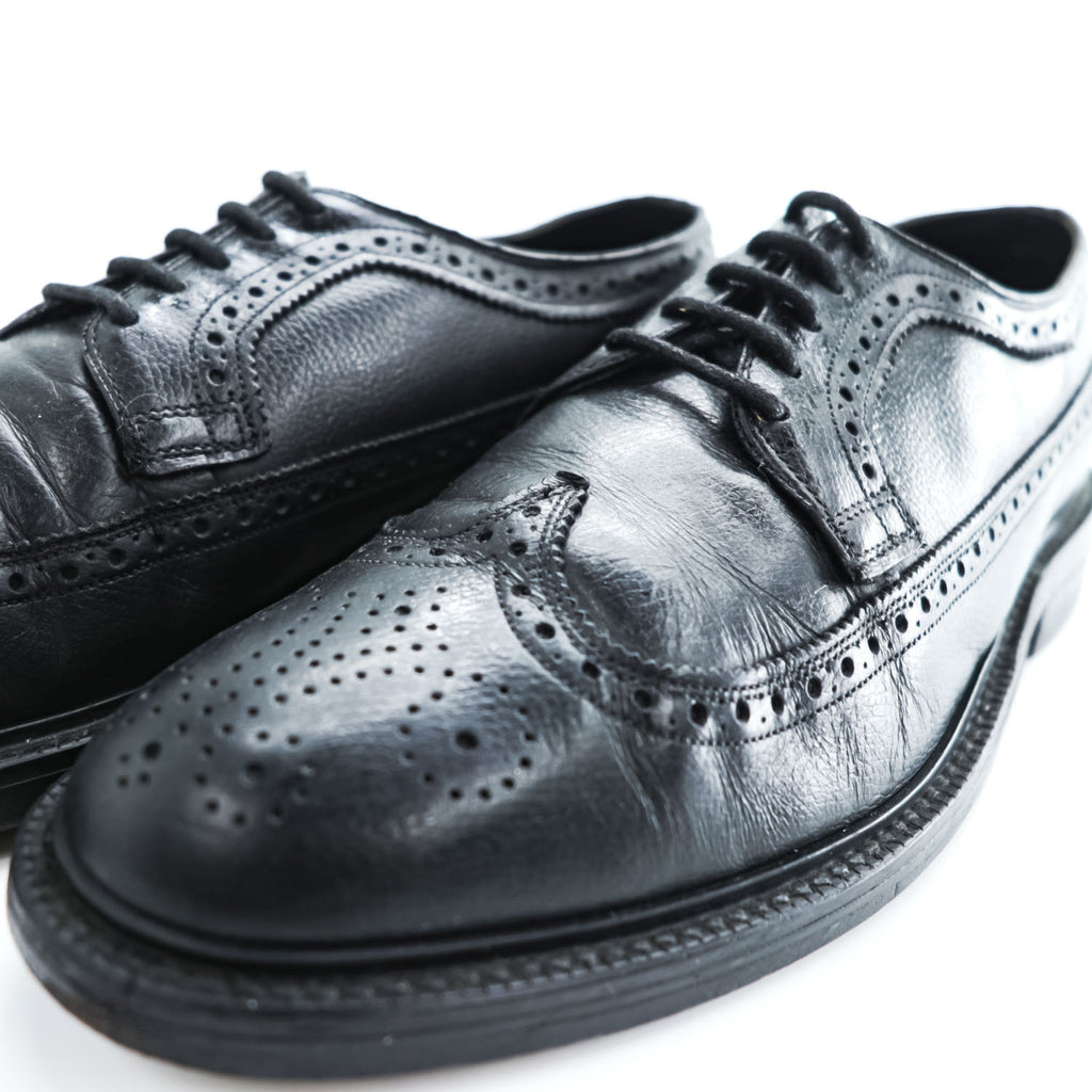 90s Vintage Black Pebbled Leather Longwing Wingtip Brogue Derby Shoes Men's US 8.5 D