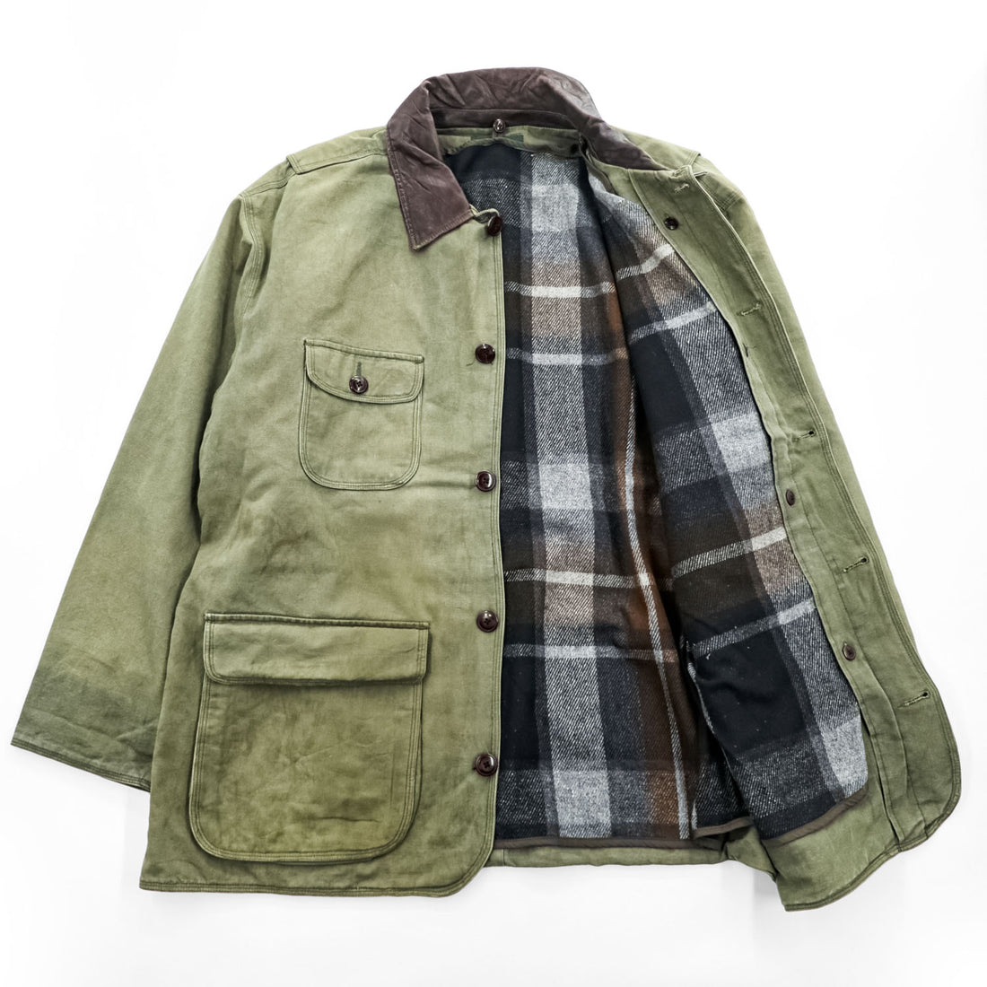 J.CREW 90年代 ヴィンテージ ダック地 レザー襟 ハンティングジャケット L フランネルチェックライナー 巨人タグ