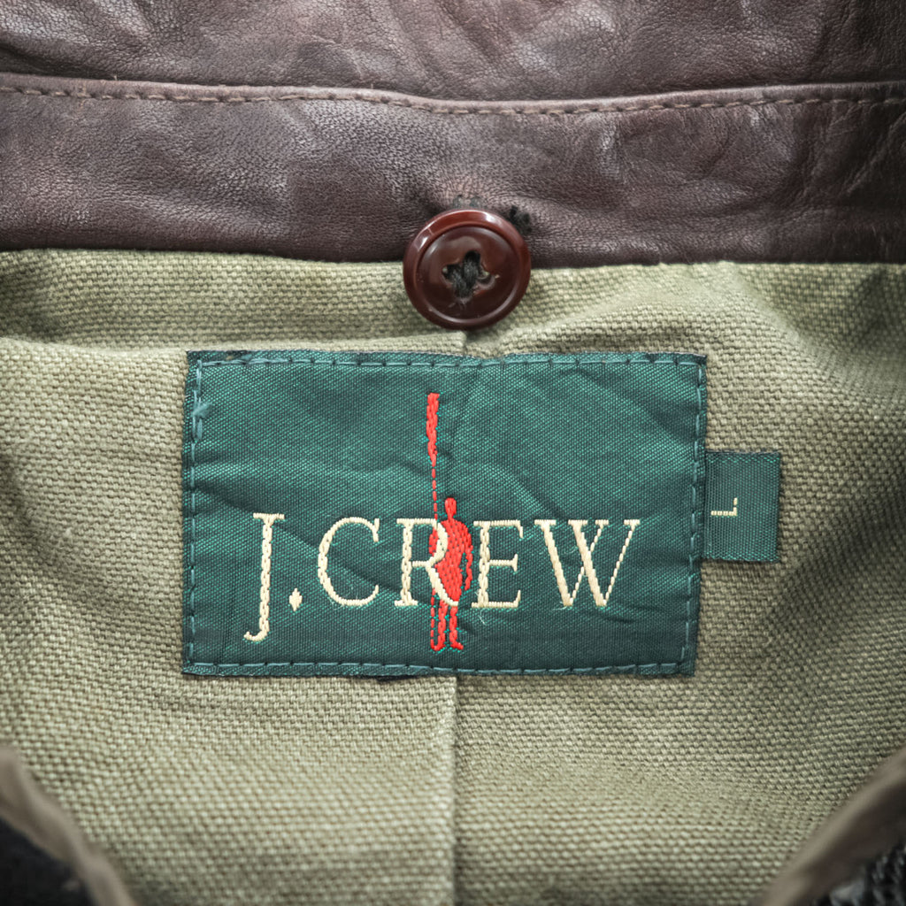 J.CREW 90年代 ヴィンテージ ダック地 レザー襟 ハンティングジャケット L フランネルチェックライナー 巨人タグ
