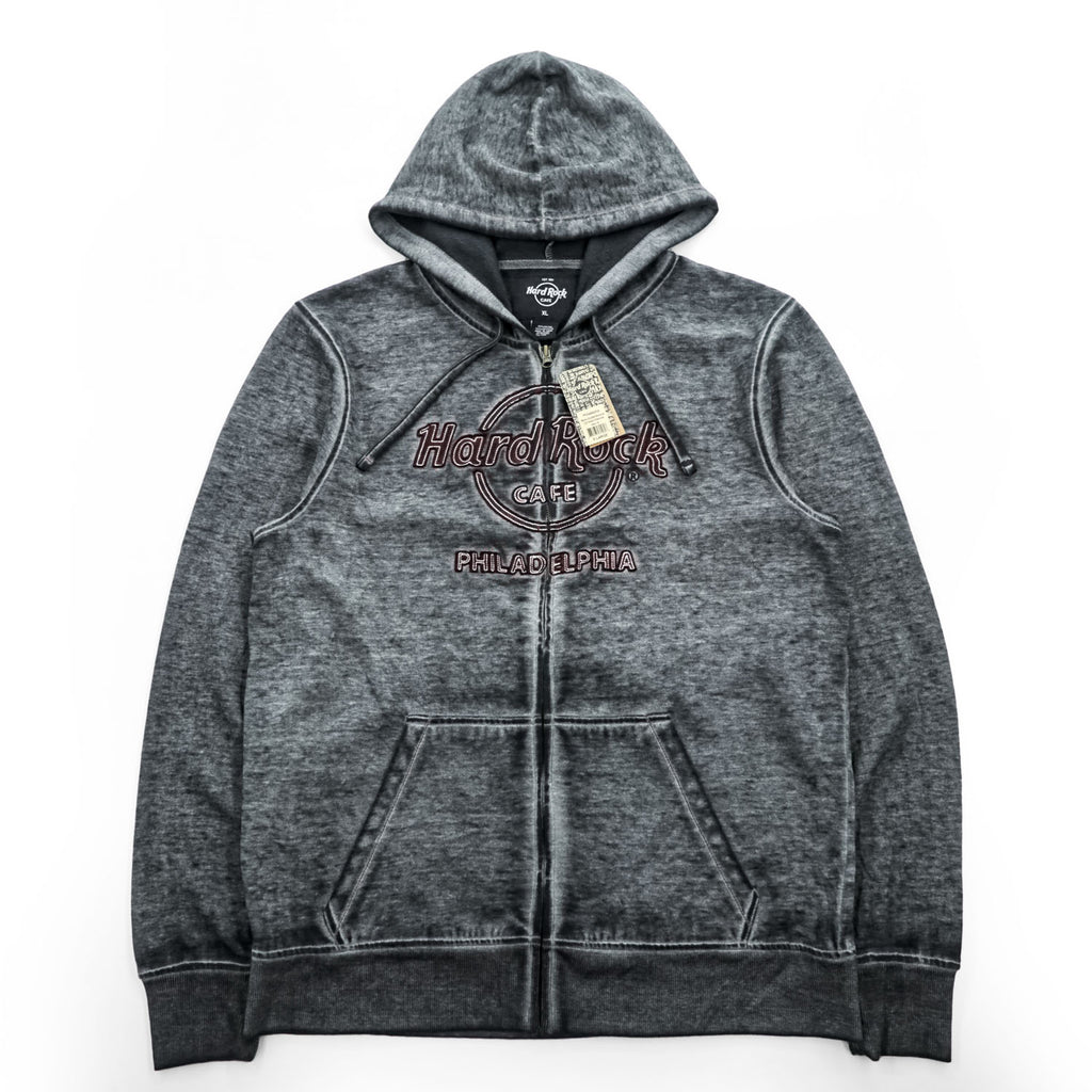 Hard Rock Cafe ダブルバーンアウト加工 ジップパーカー XL グレー 裏起毛 Double Burnout Philadelphia HRM-108 未使用品