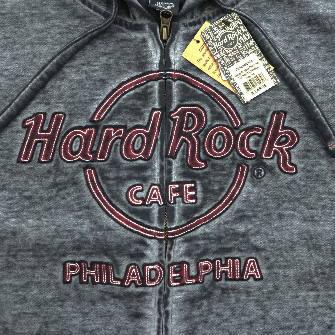 Hard Rock Cafe ダブルバーンアウト加工 ジップパーカー XL グレー 裏起毛 Double Burnout Philadelphia HRM-108 未使用品