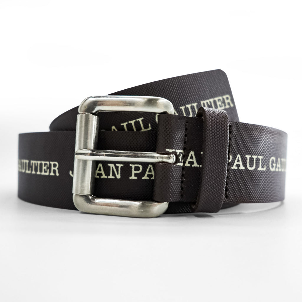 Jean Paul Gaultier Logo Print Leather Belt Brown Silver Roller Buckle Made in France 80 32