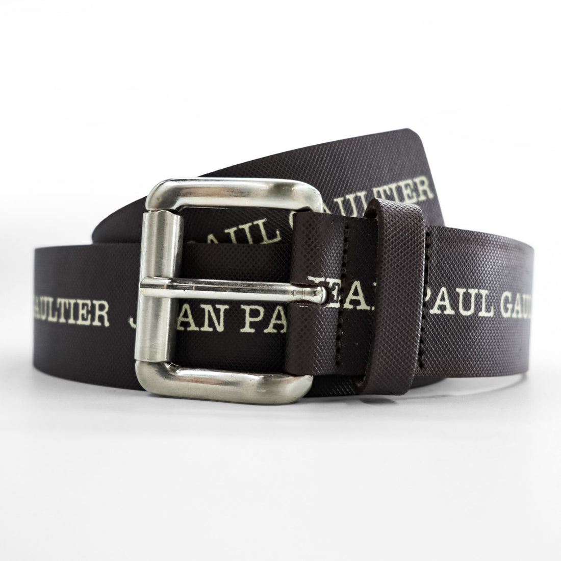 Jean Paul Gaultier Logo Print Leather Belt Brown Silver Roller Buckle Made in France 80 32