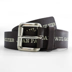 Jean Paul Gaultier Logo Print Leather Belt Brown Silver Roller Buckle Made in France 80 32