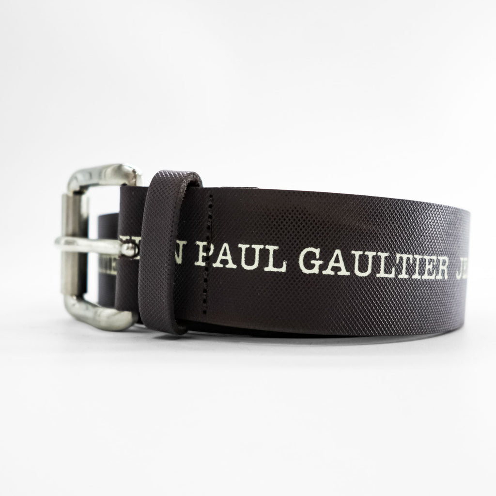 Jean Paul Gaultier Logo Print Leather Belt Brown Silver Roller Buckle Made in France 80 32