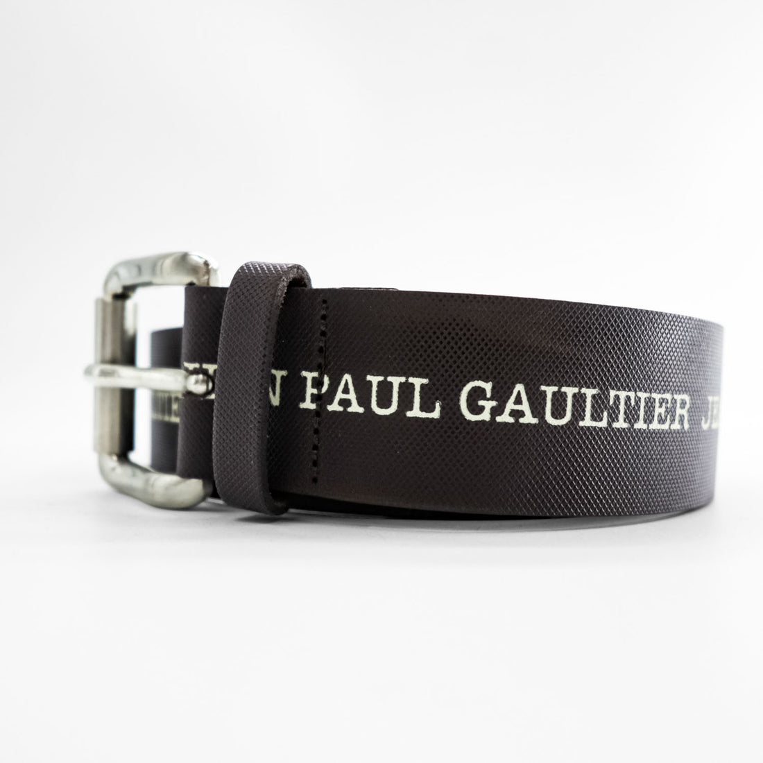 Jean Paul Gaultier Logo Print Leather Belt Brown Silver Roller Buckle Made in France 80 32