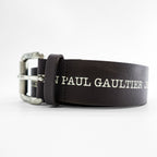 Jean Paul Gaultier Logo Print Leather Belt Brown Silver Roller Buckle Made in France 80 32