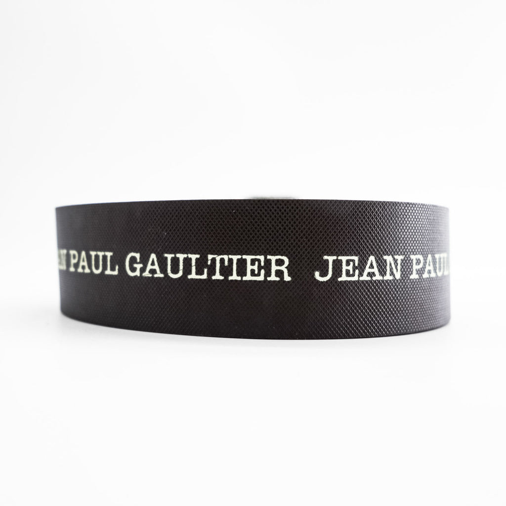 Jean Paul Gaultier Logo Print Leather Belt Brown Silver Roller Buckle Made in France 80 32