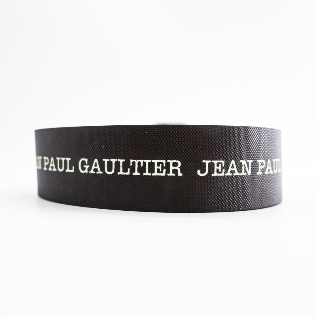 Jean Paul Gaultier Logo Print Leather Belt Brown Silver Roller Buckle Made in France 80 32