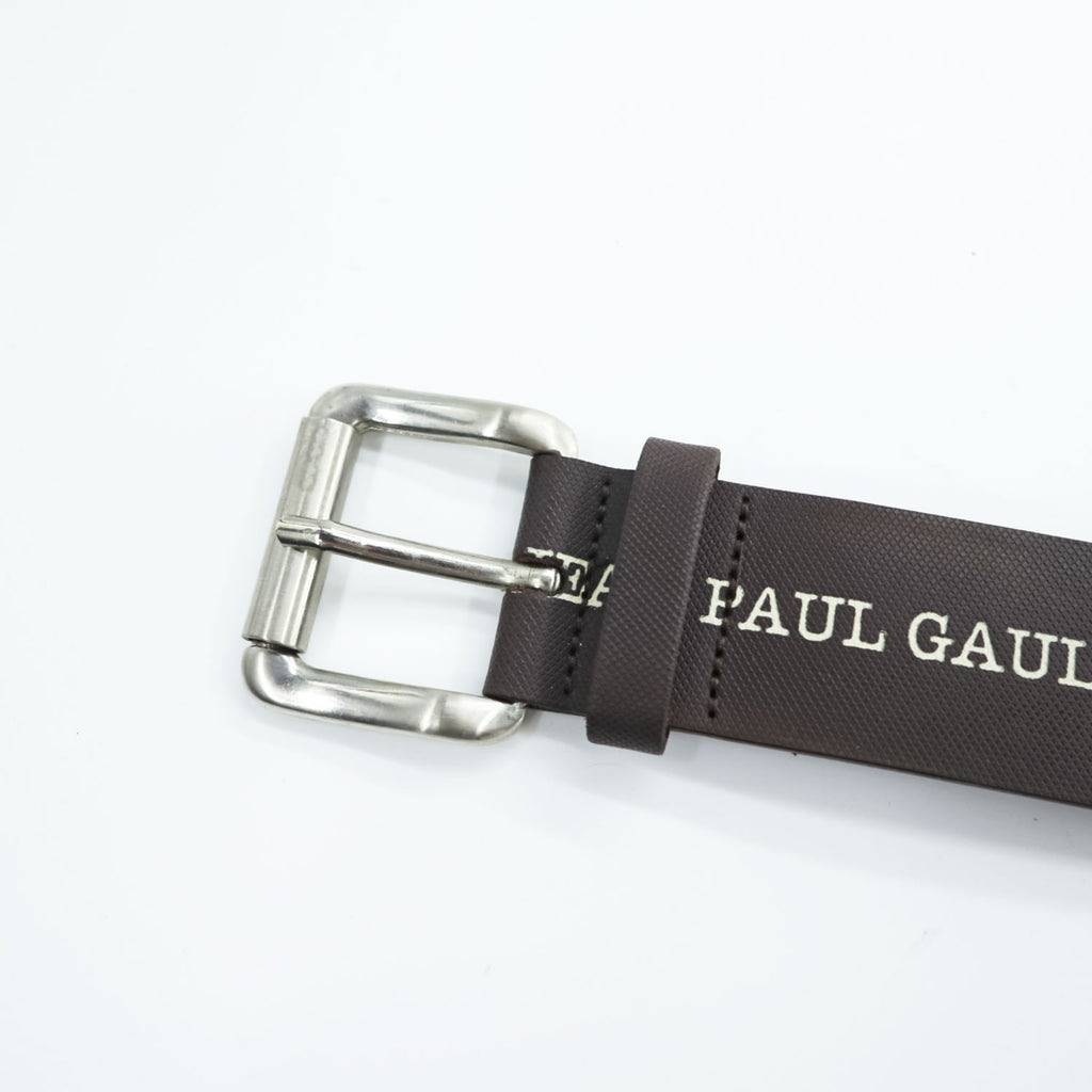 Jean Paul Gaultier Logo Print Leather Belt Brown Silver Roller Buckle Made in France 80 32