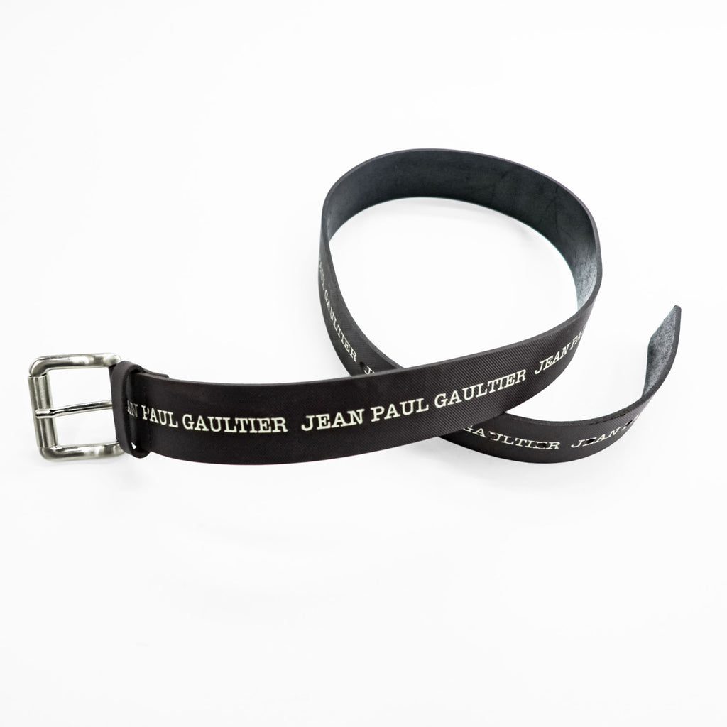 Jean Paul Gaultier Logo Print Leather Belt Brown Silver Roller Buckle Made in France 80 32