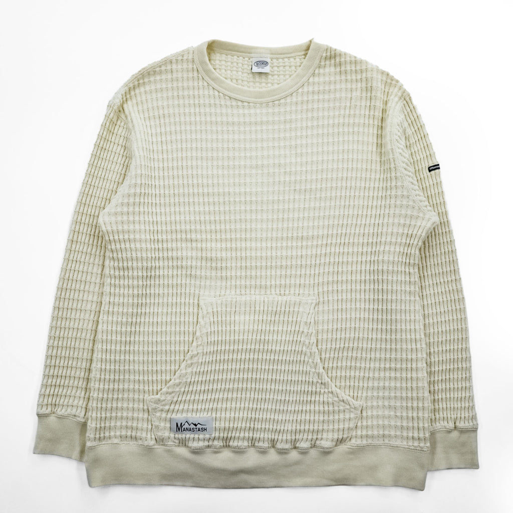 MANASTASH 7113113 Ivory Waffle Knit Kangaroo Pocket Crewneck Sweatshirt Men's L SNUGGLE SNUG THERMAL 21