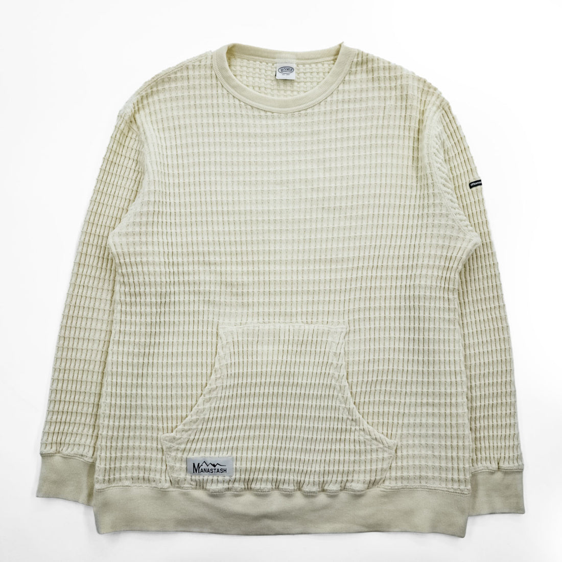 MANASTASH 7113113 Ivory Waffle Knit Kangaroo Pocket Crewneck Sweatshirt Men's L SNUGGLE SNUG THERMAL 21