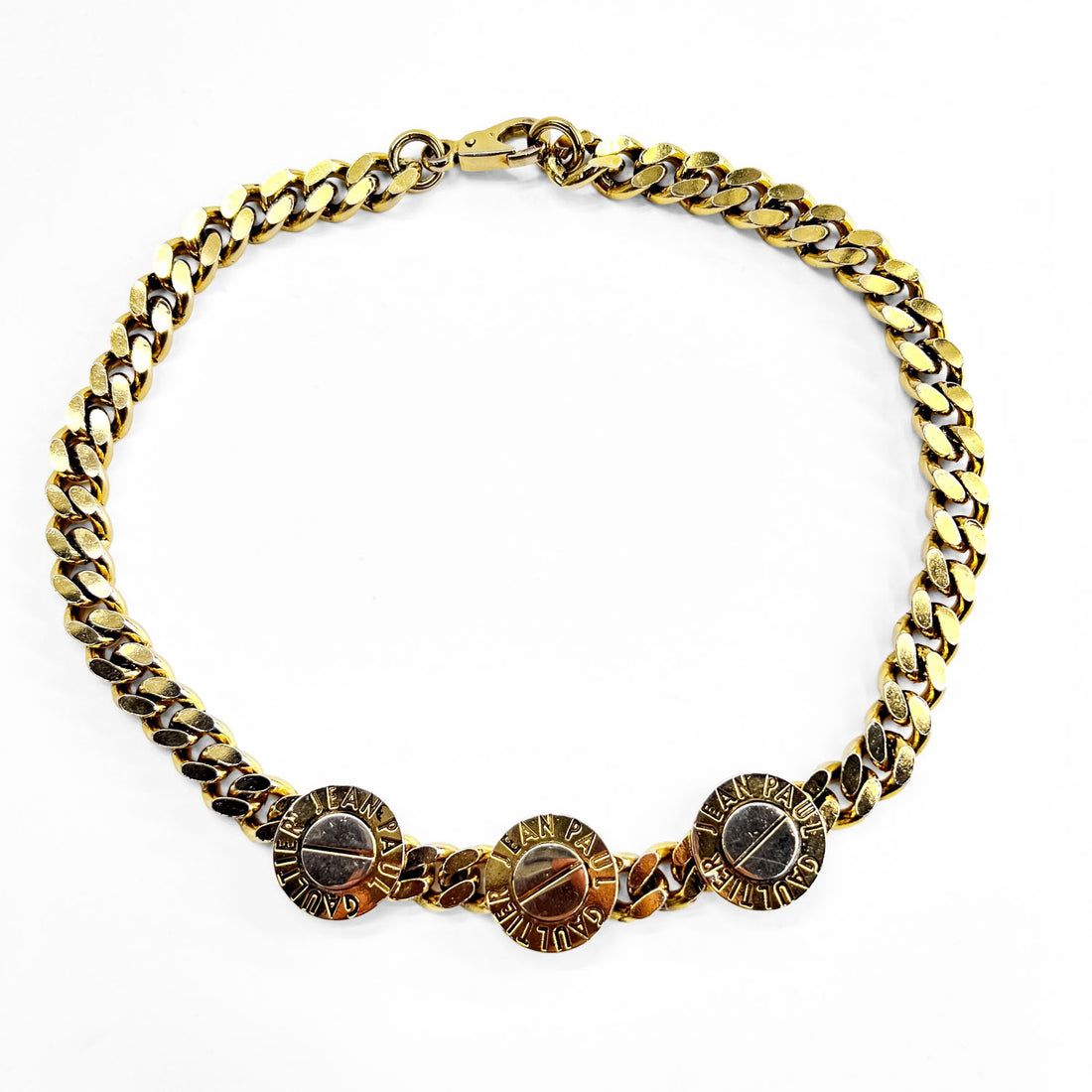 Jean Paul Gaultier Vintage Chunky Curb Chain Necklace Triple Screw Logo  Gold