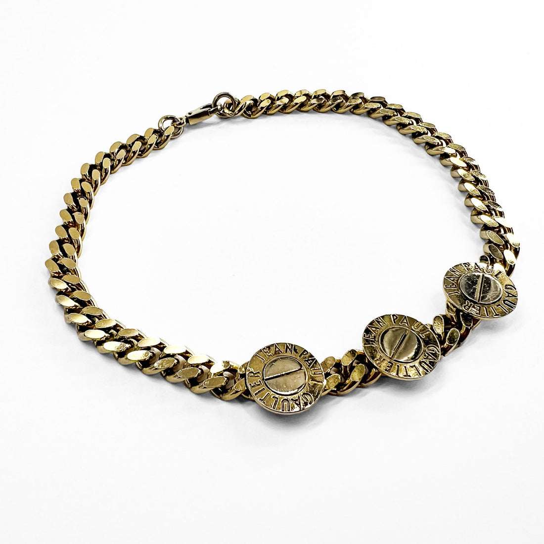 Jean Paul Gaultier Vintage Chunky Curb Chain Necklace Triple Screw Logo  Gold