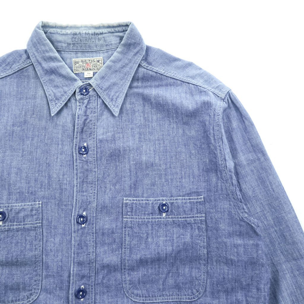BUZZ RICKSON'S 日本製 シャンブレーシャツ 長袖ワークシャツ L ブルー ダブル 胸ポケット BR25995