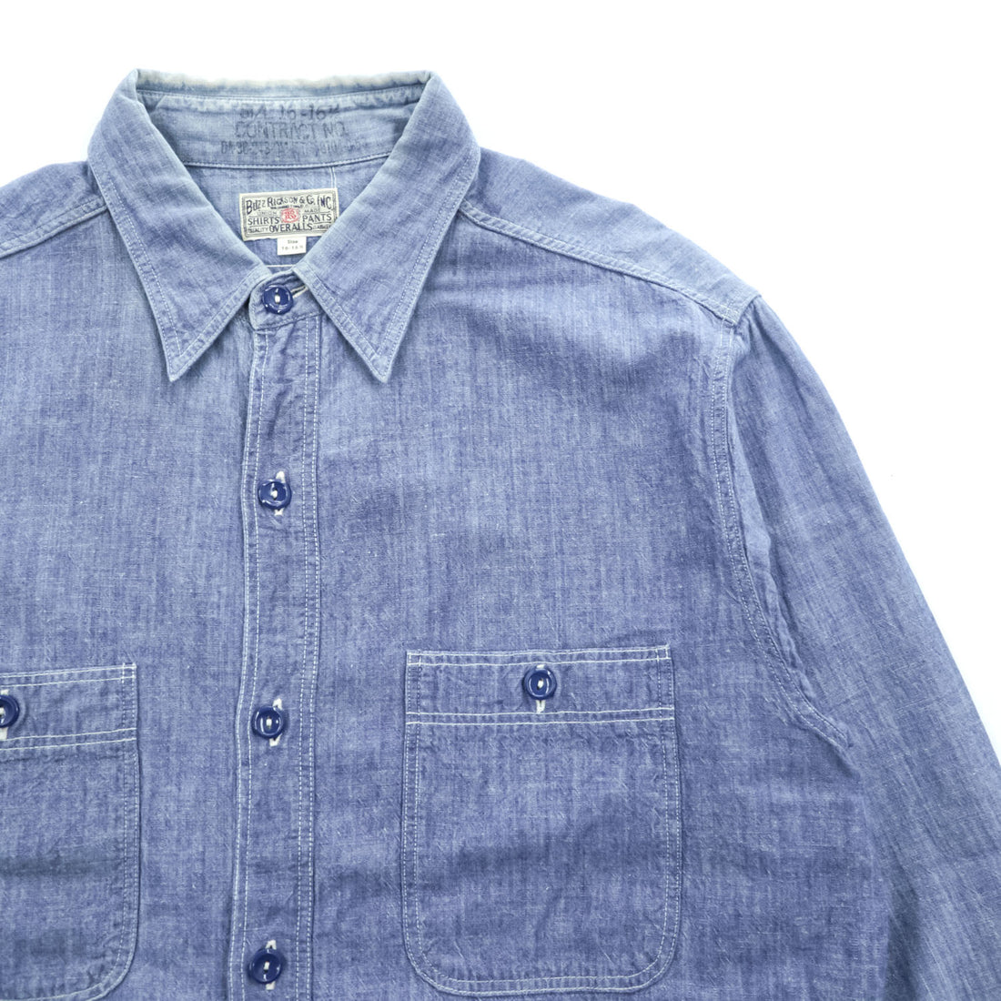 BUZZ RICKSON'S 日本製 シャンブレーシャツ 長袖ワークシャツ L ブルー ダブル 胸ポケット BR25995