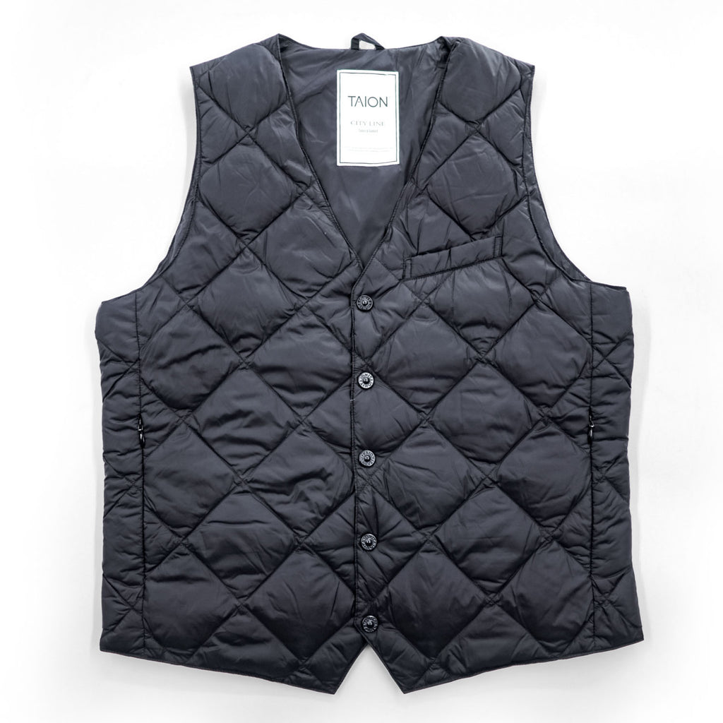TAION City Line Men's Quilted Down Gilet Vest Black Size M V Neck Snap Button