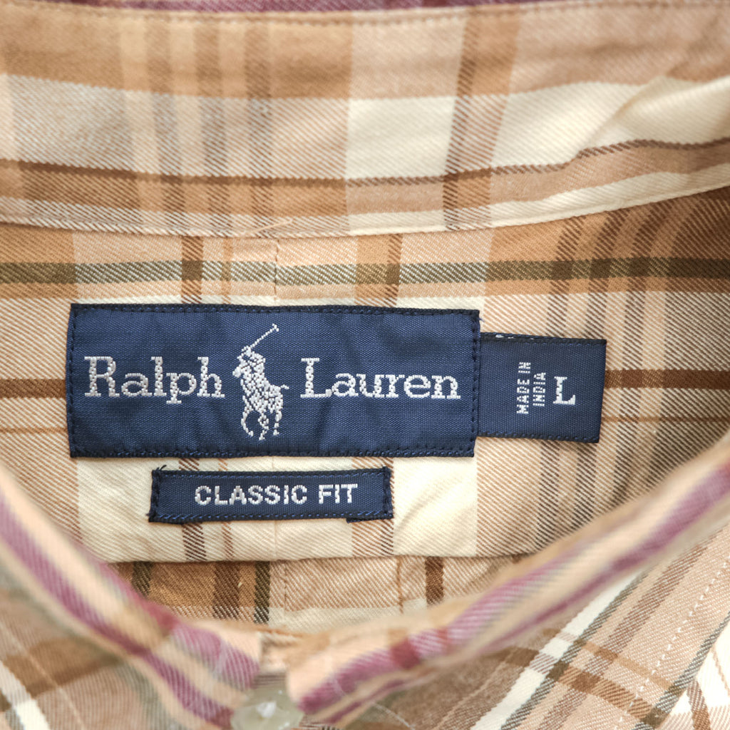 Ralph Lauren 長袖 チェックシャツ CLASSIC FIT ボタンダウン L ベージュ オレンジ ポニー刺繍