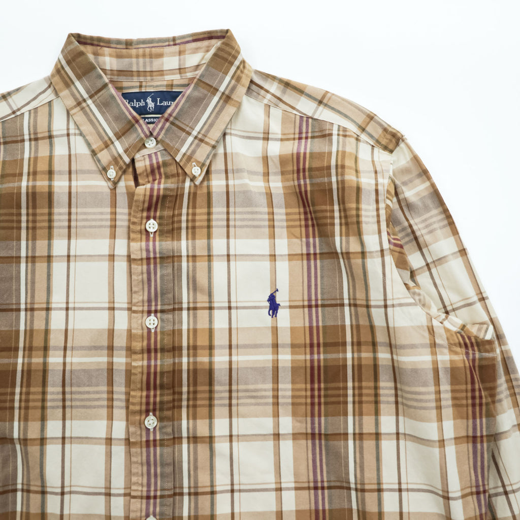 Ralph Lauren 長袖 チェックシャツ CLASSIC FIT ボタンダウン L ベージュ オレンジ ポニー刺繍