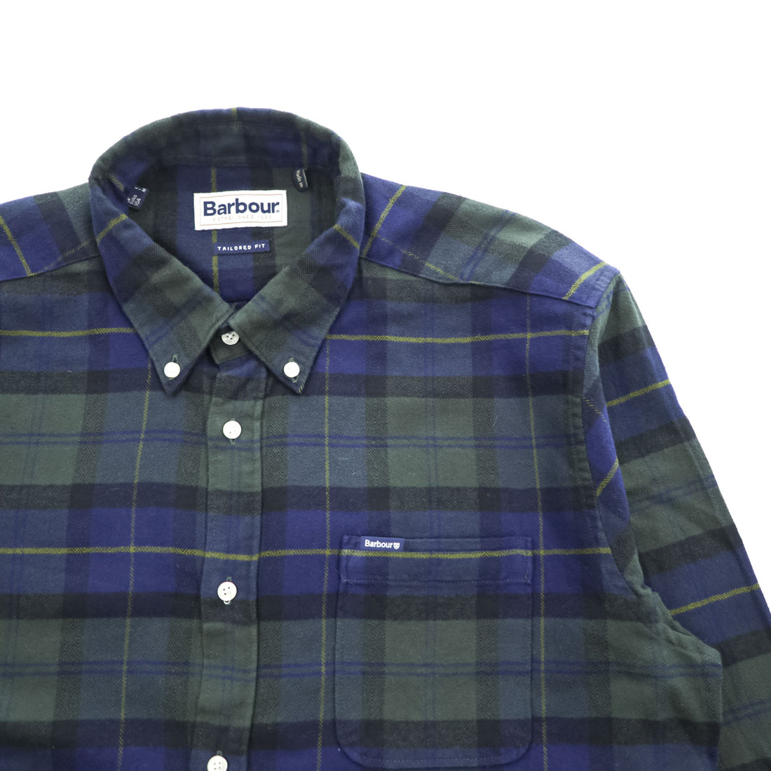 Barbour 長袖 チェックシャツ L グリーン ネイビー ヘリンボーン TAILORED FIT ボタンダウン 胸ポケット MSH5014TN28