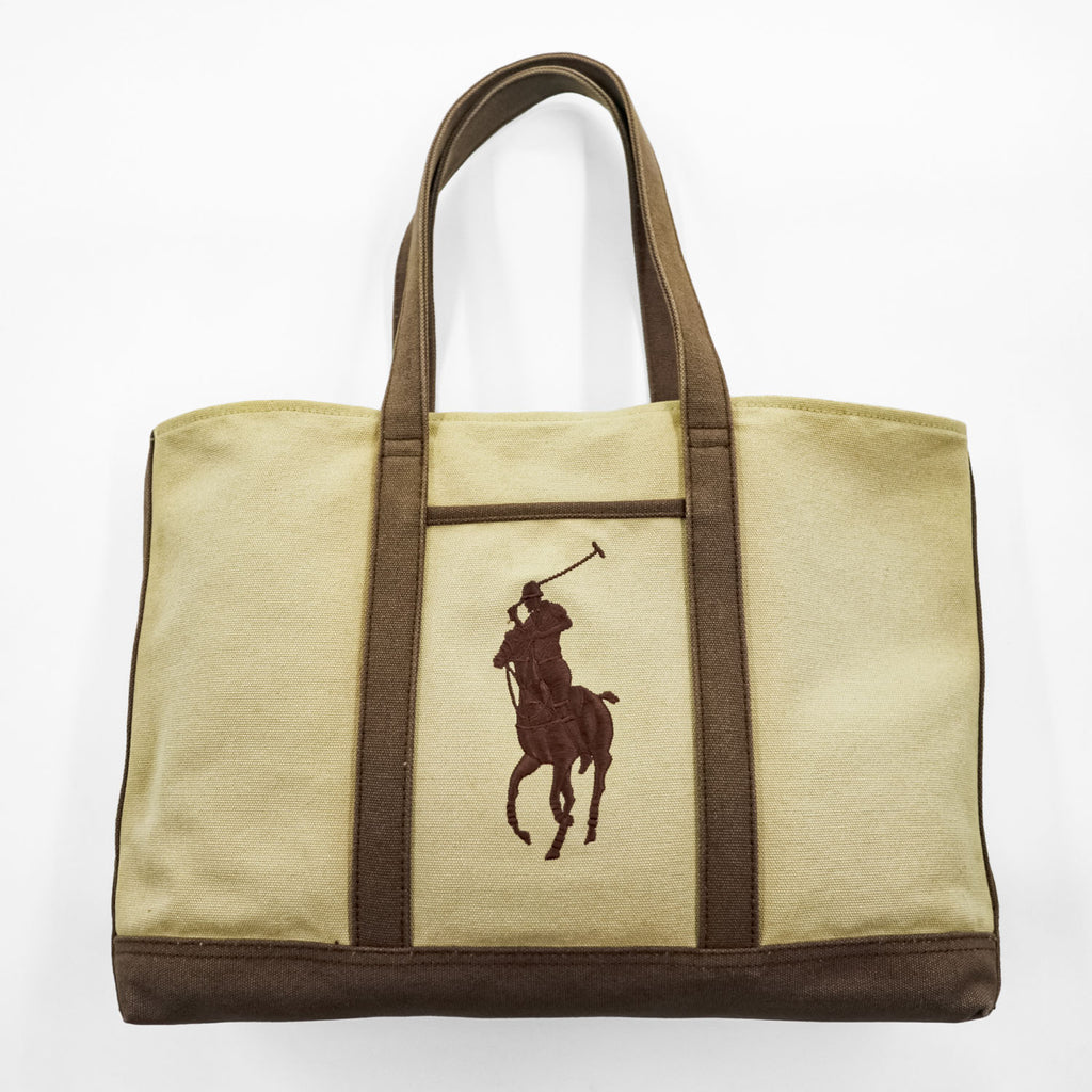 Ralph Lauren Big Pony Embroidered Cotton Canvas Tote Bag Beige Brown