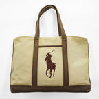 Ralph Lauren Big Pony Embroidered Cotton Canvas Tote Bag Beige Brown